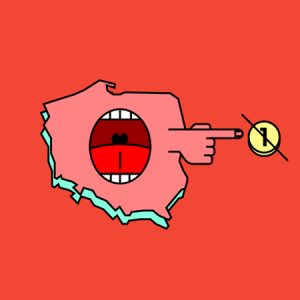 Czerwona grafika krzyczącej Polski wskazującej palcem na skreślony grosz