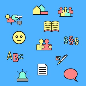 Niebieskie tło z kolorowymi piktogramami uśmiechu, przyjaźni, dialogu, długopisu, służb oraz innymi drobnymi elementami