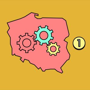 Grafika z różową polską, w środku której 3 kolorowe kółka zębate obracają się, po prawej od Polski znajduje się grosz, całość umieszczona na musztardowym tle