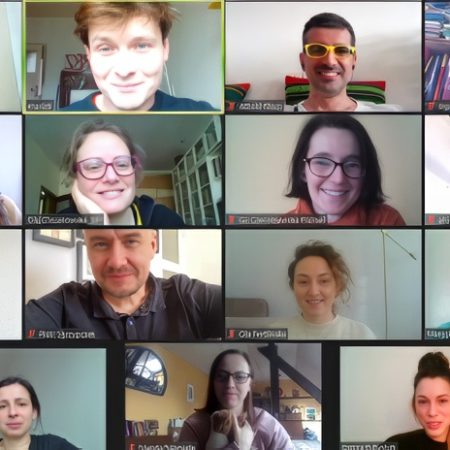 Zrzut ekranu widoków z kamer podczas online spotkania 15 pracowników Nomady oraz Konsorcjum Organizacji Społecznych Działających na Rzecz Uchodźców i Migrantów