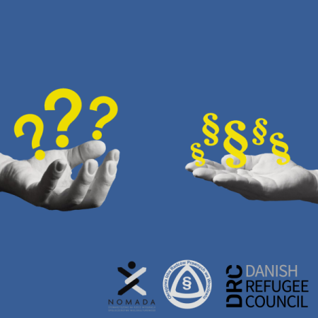Czarno-białe dłonie wyciągnięte naprzeciwko siebie z żółtymi znakami zapytania na granatowym tle, na dole są 3 logotypy: Nomada, Okręgowa Izba Radców Prawnych we Wrocławiu oraz Danish Refugee Council