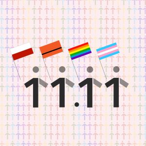 Piktogramy 4 osób z flagami Polski, Uchodźstwa, LGBTQ+, Transpłciowości