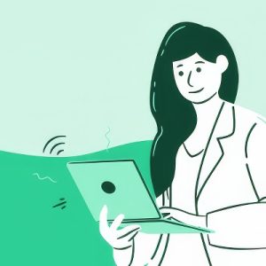 Zielona grafika z kobietą w długich włosach, która trzyma w rękach laptop i pisze na klawiaturze