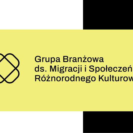 Logotyp Grupy Branżowej ds. Migracji Społeczeństwa Rożnorodnego Kulturowo na żółtym, czarnym oraz białym tle