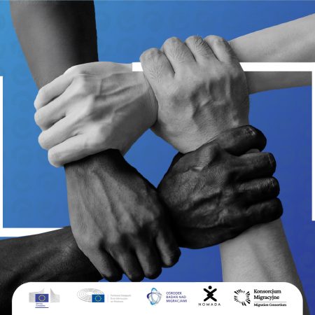 4 ręce trzymają się za nadgarstki na niebieskim tle, na dole są logotypy: NOMADA, Konsorcjum Migracyjne, Ośrodek Badań nad Migracjami, Parlament Europejski