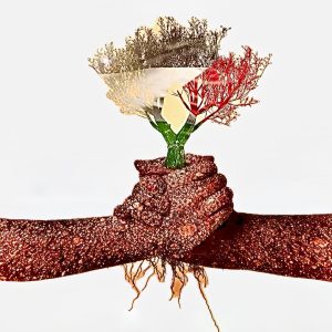 Grafika z dwoma rękoma z kory, które trzymają czerwono-brązowe drzewa