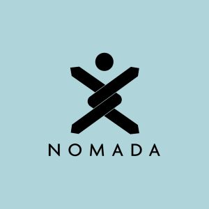 Nomadas' logo in black on the blue background