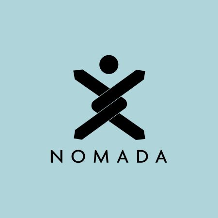 Nomadas' logo in black on the blue background