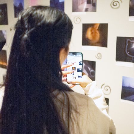 A woman photographing a wall adorned with various pictures, capturing the art displayed.