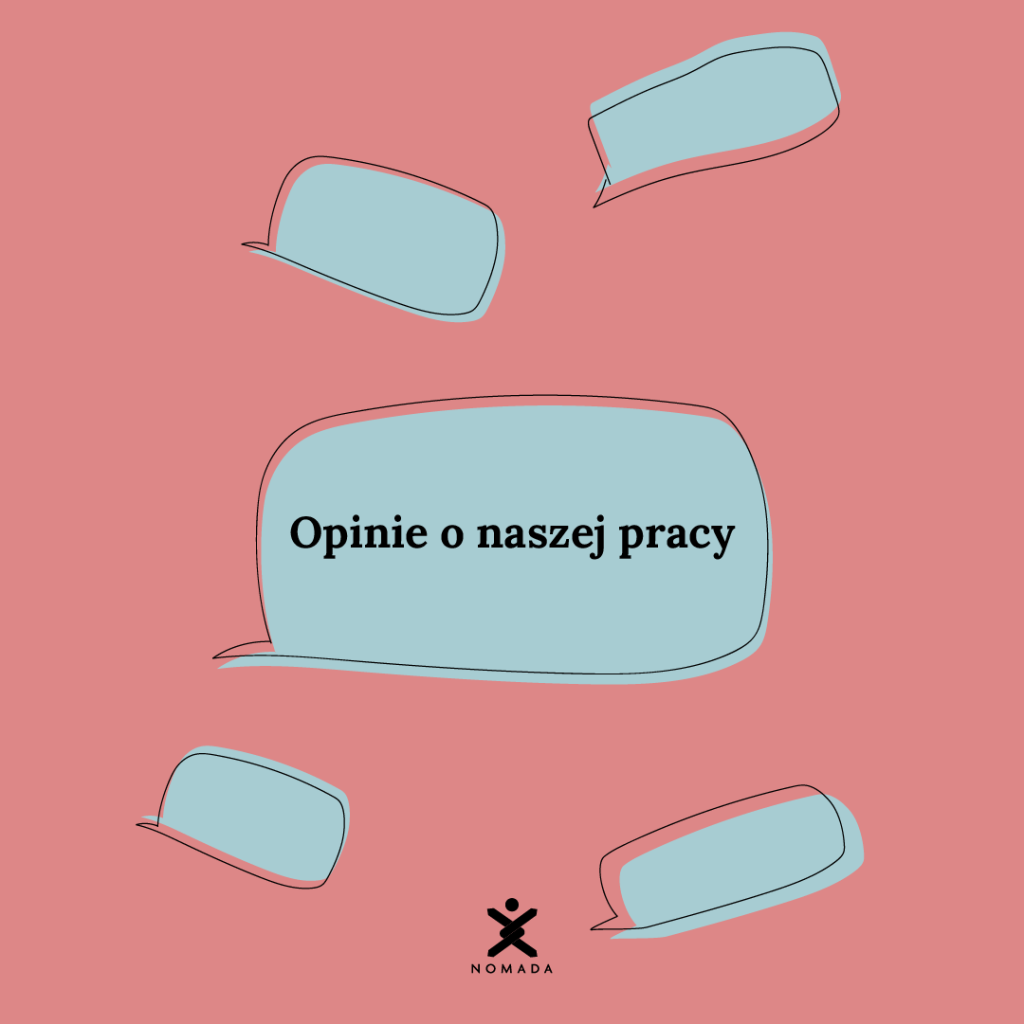 A visual representation of various opinions and reviews regarding NOMADA's work, placed on a pink background in blue shapes.