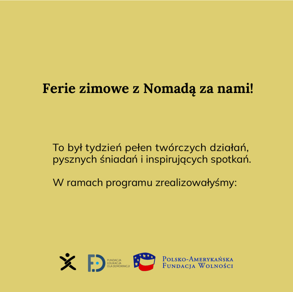 Yellow background with text about the holidays and the logos of Nomada, FED, and the Polish-American Freedom Foundation.