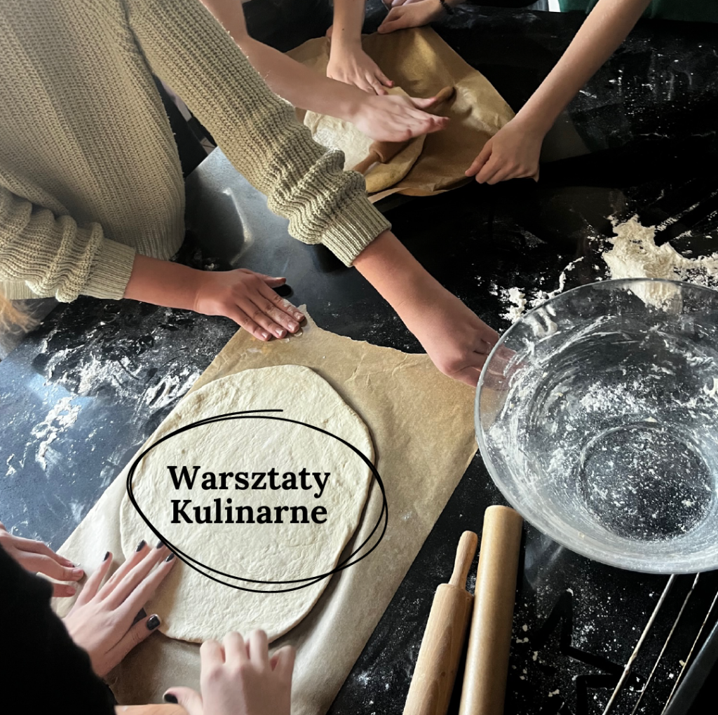 A group of teenagers kneading dough in the kitchen, with the caption "cooking workshop" displayed on the photo.