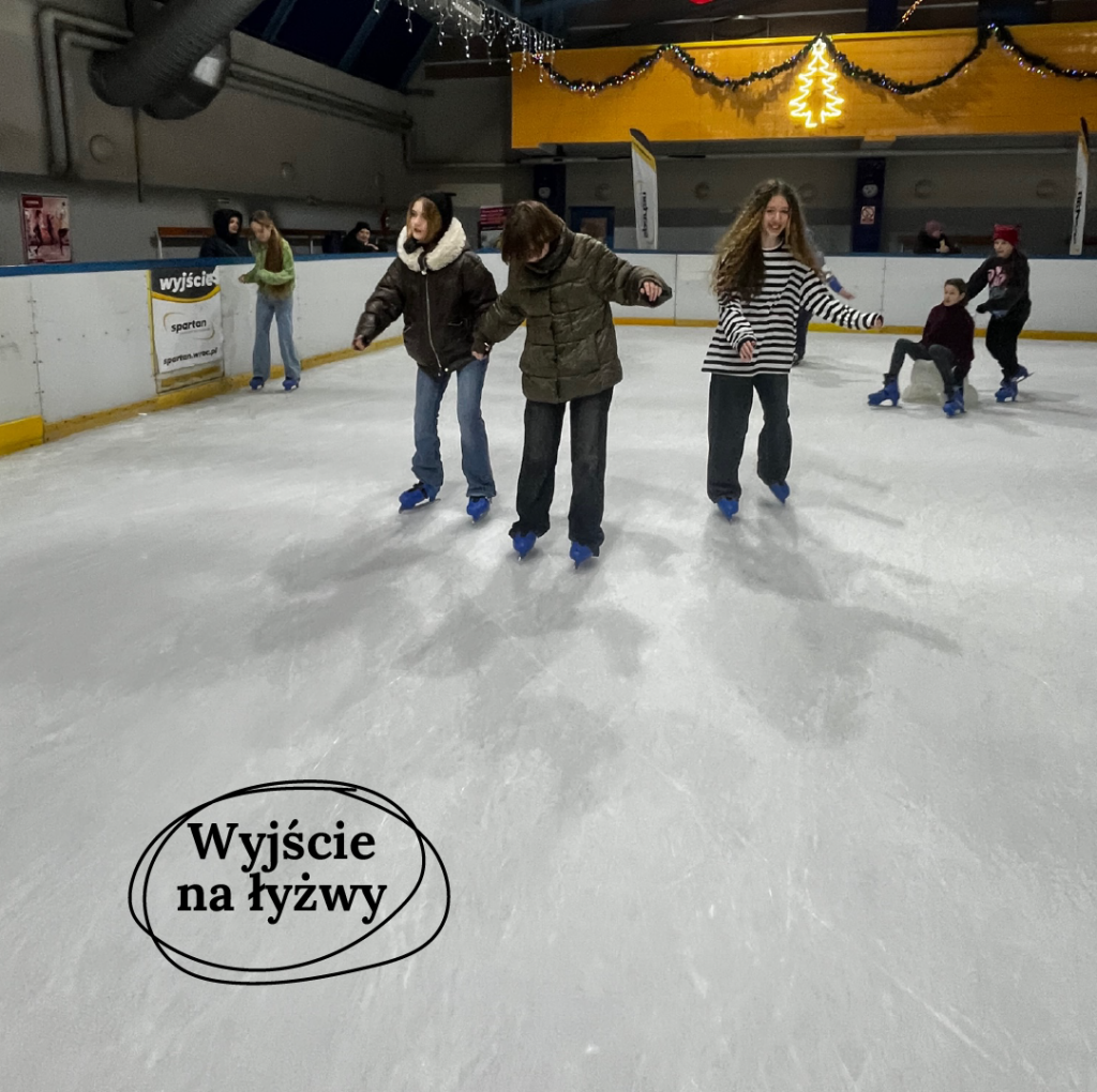 A group of teenagers joyfully ice skating together on a frozen rink with the caption "Ice Skating Outing."